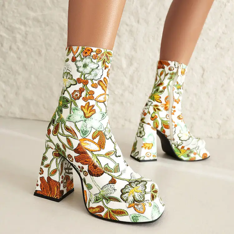 Women's Booties Flowers Prints Block Chunky Heel Platform Ankle Boots