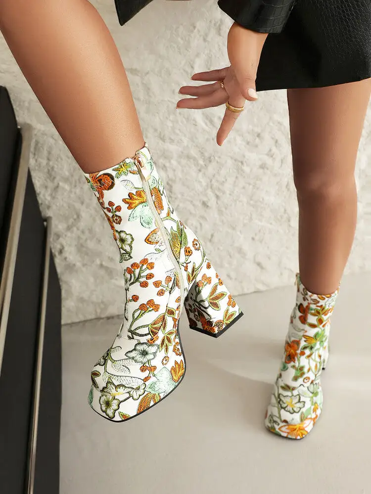 Women's Booties Flowers Prints Block Chunky Heel Platform Ankle Boots