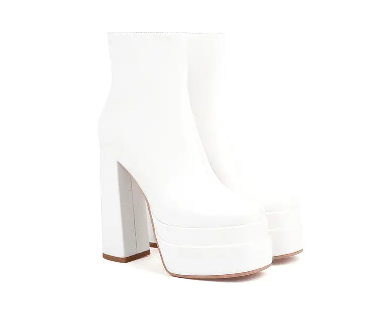 Women's Booties Glossy Side Zippers Chunky Heel Platform Short Boots