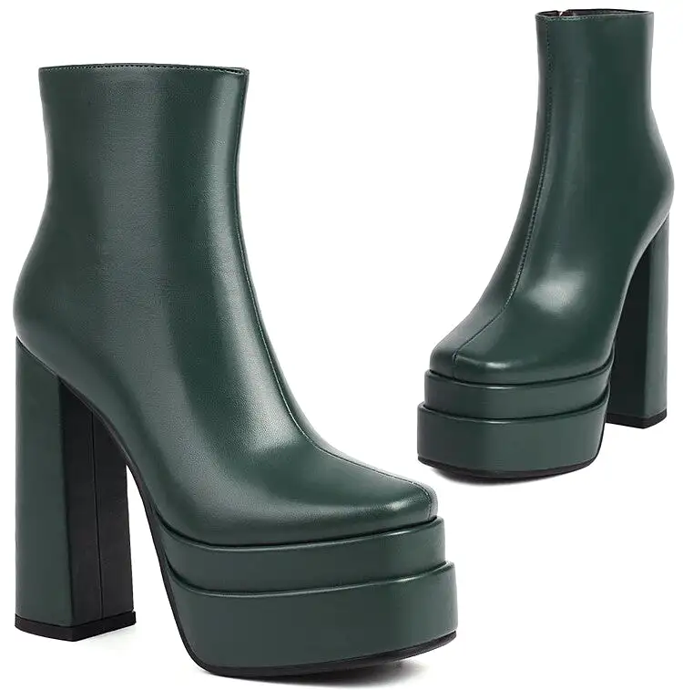 Women's Booties Glossy Side Zippers Chunky Heel Platform Short Boots