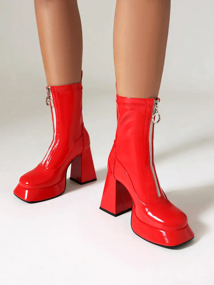 Women's Booties Glossy Zippers Chunky Heel Platform Short Boots