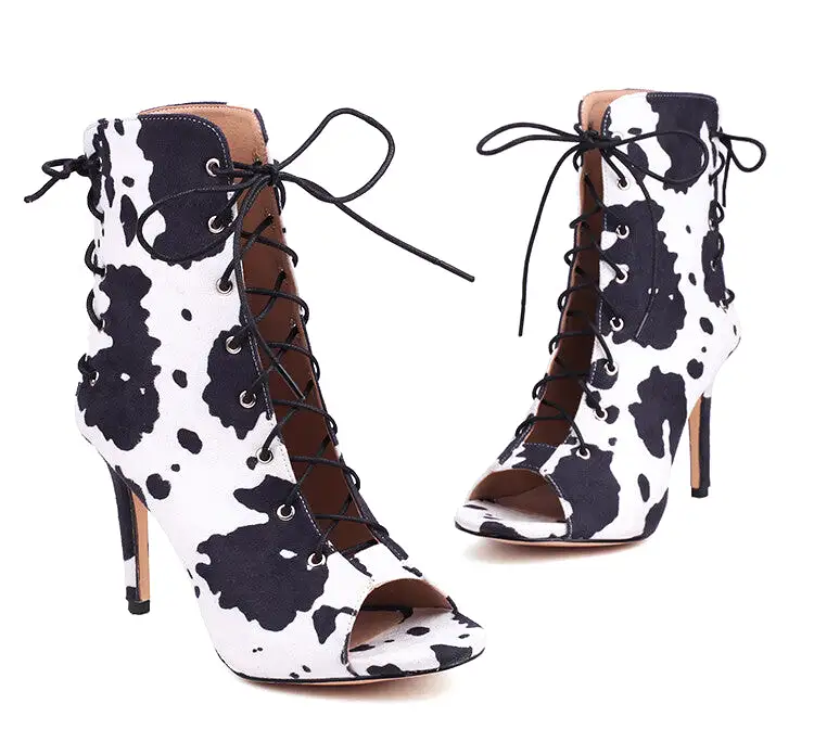 Women's Cow-printed Peep Toe Lace-Up Stiletto Heel Ankle Boots