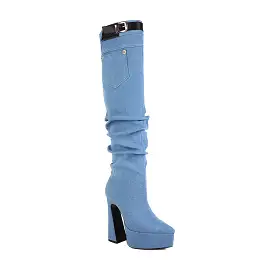 Women's Denim Pointed Toe Pocket Buckle Straps Spool Heel Platform Knee High Boots