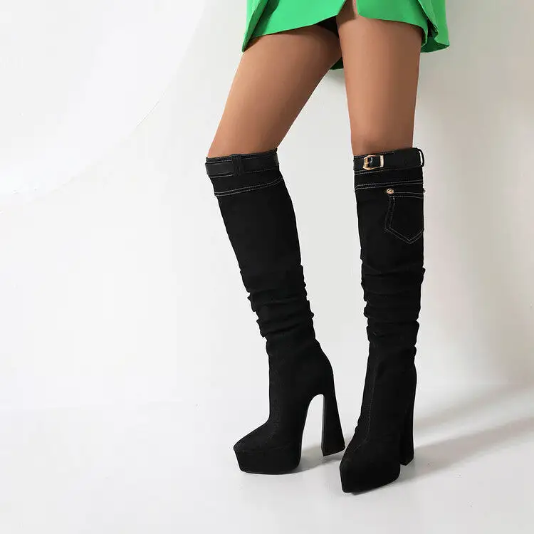 Women's Denim Pointed Toe Pocket Buckle Straps Spool Heel Platform Knee High Boots