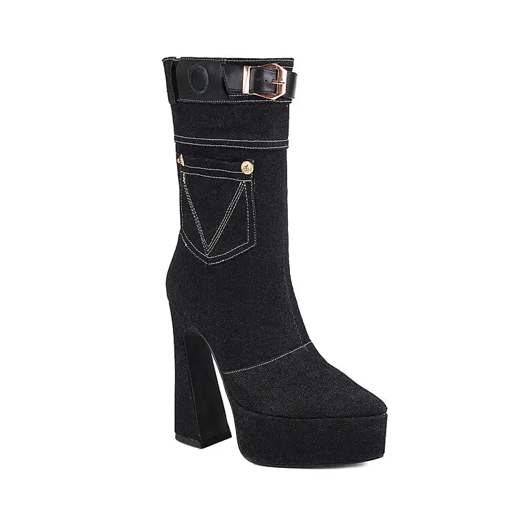 Women's Denim Pointed Toe Pocket Buckle Straps Spool Heel Platform Mid-calf Boots