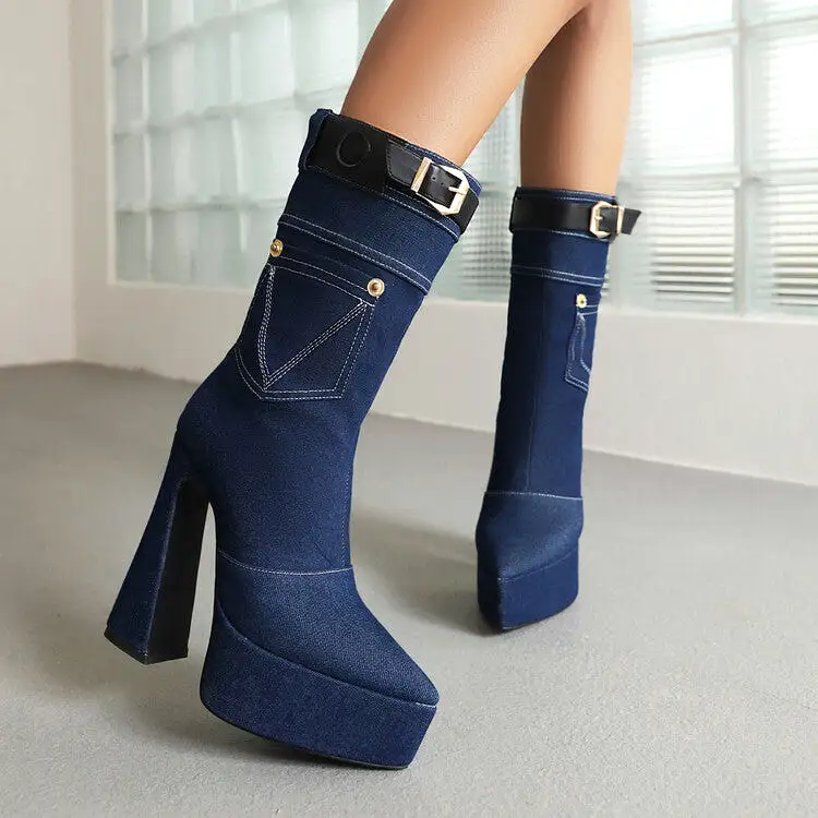 Women's Denim Pointed Toe Pocket Buckle Straps Spool Heel Platform Mid-calf Boots