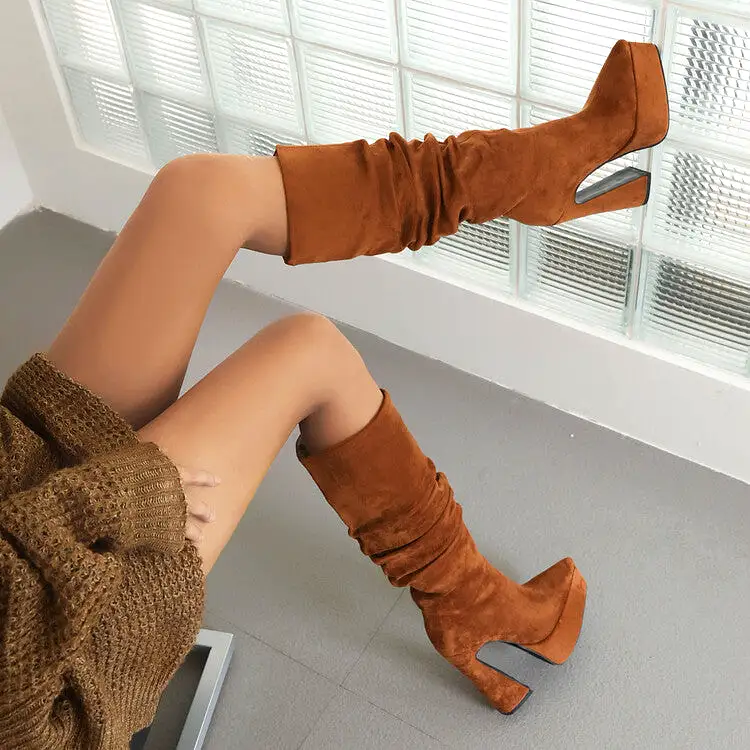 Women's Flock Pointed Toe Spool Heel Platform Knee High Boots