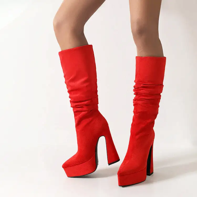 Women's Flock Pointed Toe Spool Heel Platform Knee High Boots