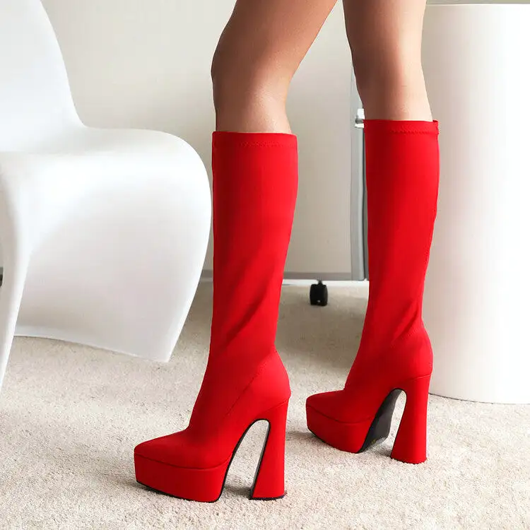 Women's Flock Pointed Toe Stretch Spool Heel Platform Knee High Boots