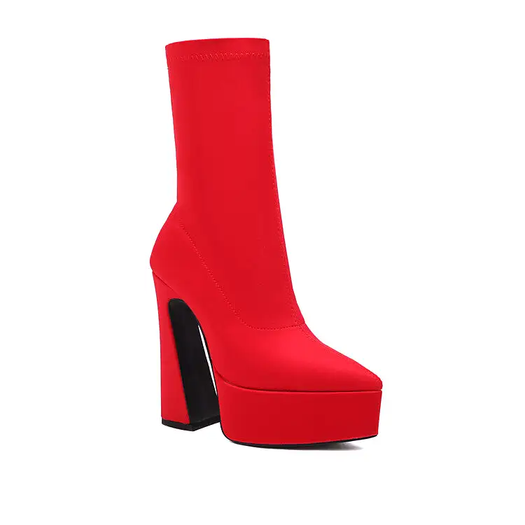 Women's Flock Pointed Toe Stretch Spool Heel Platform Mid-calf Boots