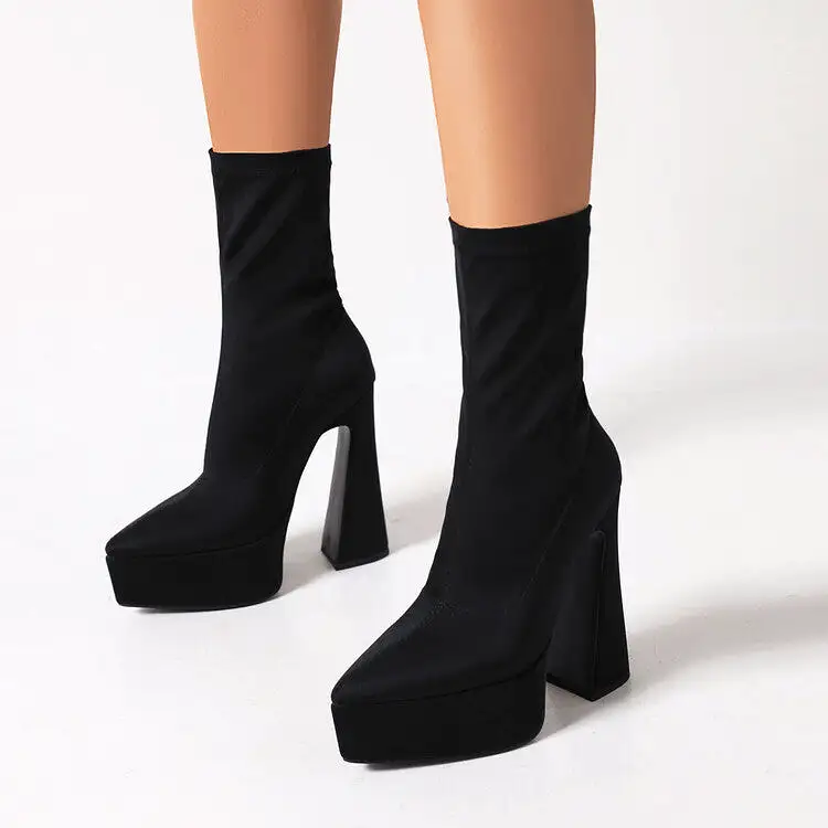 Women's Flock Pointed Toe Stretch Spool Heel Platform Mid-calf Boots