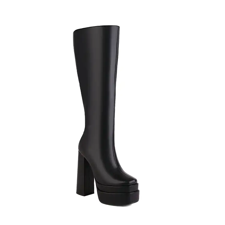 Women's Frosted Pu Leather Square Toe Block Chunky Heel Side Zippers Platform Knee High Boots