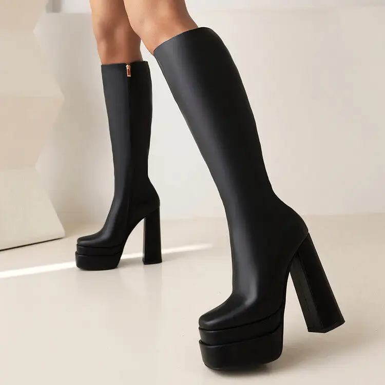 Women's Frosted Pu Leather Square Toe Block Chunky Heel Side Zippers Platform Knee High Boots