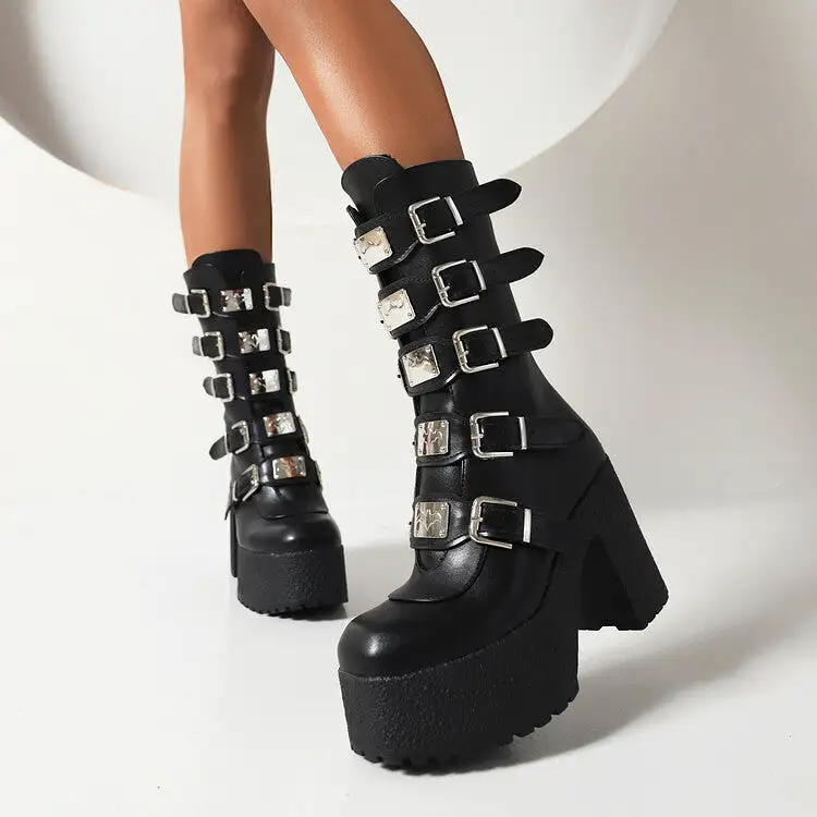 Women's Glossy Metal Buckle Straps Block Chunky Heel Platform Mid-calf Boots