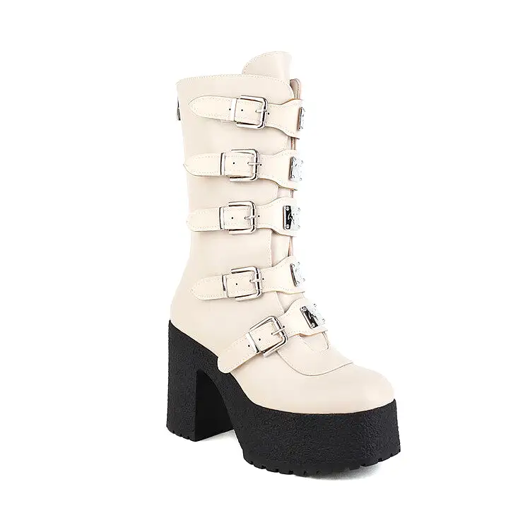 Women's Glossy Metal Buckle Straps Block Chunky Heel Platform Mid-calf Boots