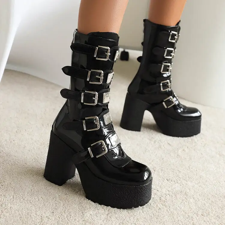 Women's Glossy Metal Buckle Straps Block Chunky Heel Platform Mid-calf Boots