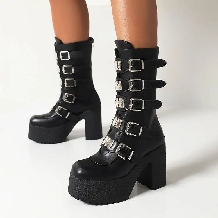 Women's Glossy Metal Buckle Straps Block Chunky Heel Platform Mid-calf Boots