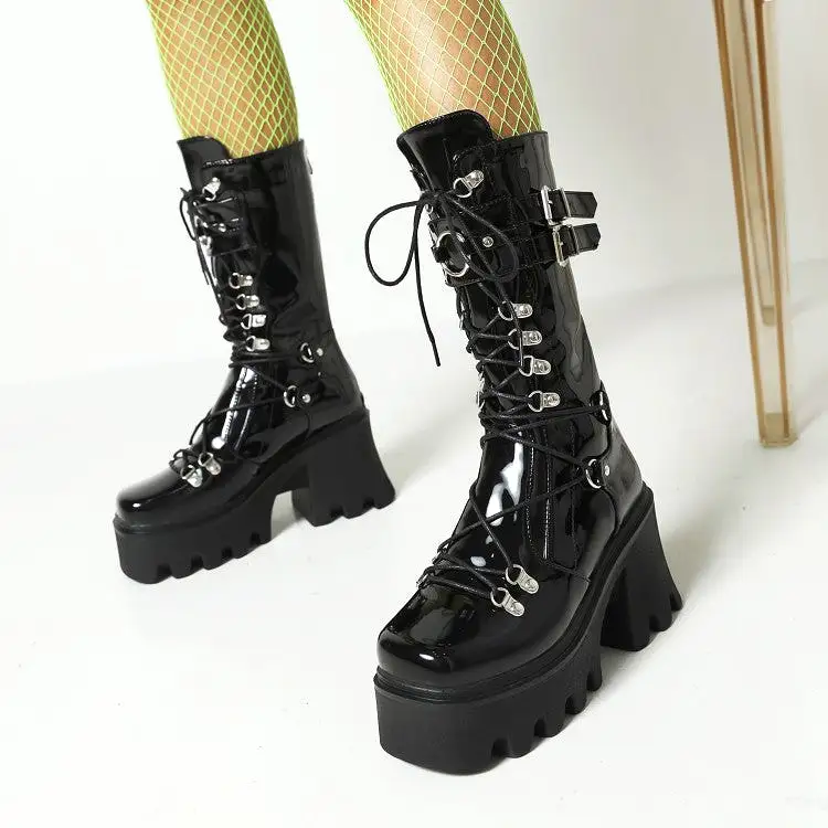 Women's Glossy Metal Buckle Straps Lace Up Block Chunky Heel Platform Mid-calf Boots