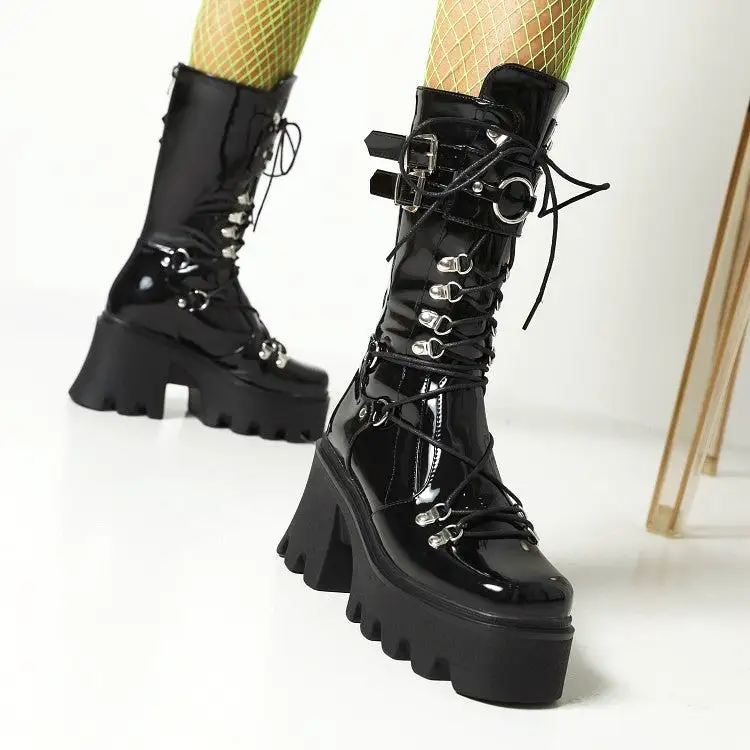 Women's Glossy Metal Buckle Straps Lace Up Block Chunky Heel Platform Mid-calf Boots