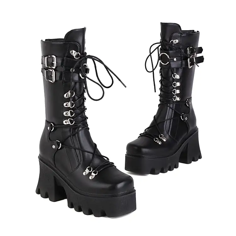 Women's Glossy Metal Buckle Straps Lace Up Block Chunky Heel Platform Mid-calf Boots