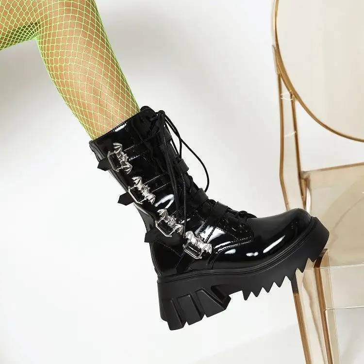 Women's Glossy Metal Buckle Straps Lace Up Block Chunky Heel Platform Mid-calf Boots