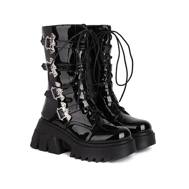 Women's Glossy Metal Buckle Straps Lace Up Block Chunky Heel Platform Mid-calf Boots