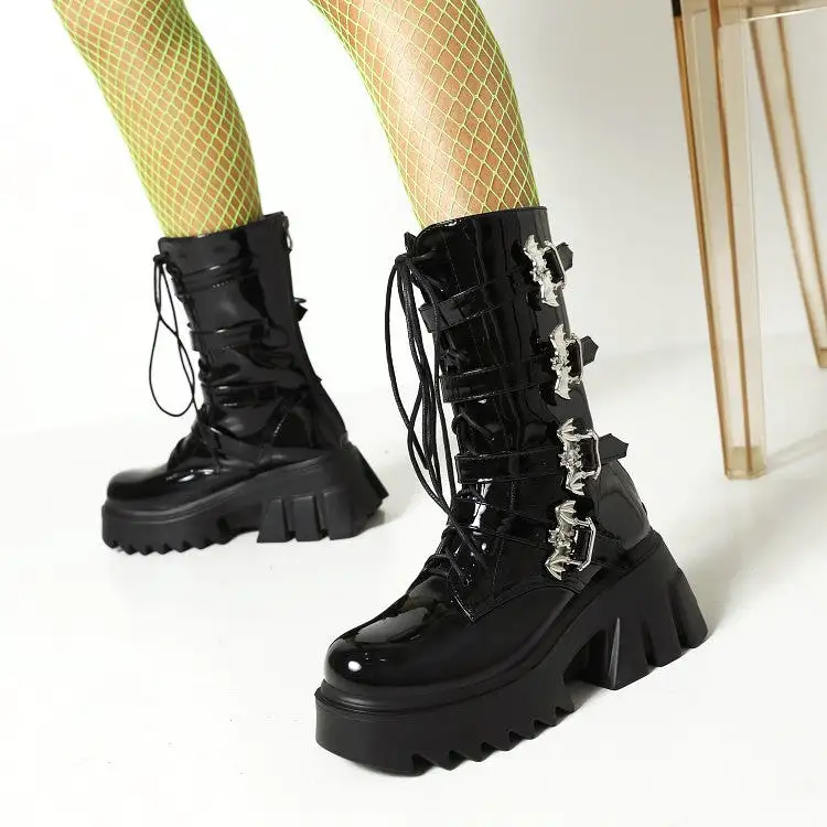 Women's Glossy Metal Buckle Straps Lace Up Block Chunky Heel Platform Mid-calf Boots