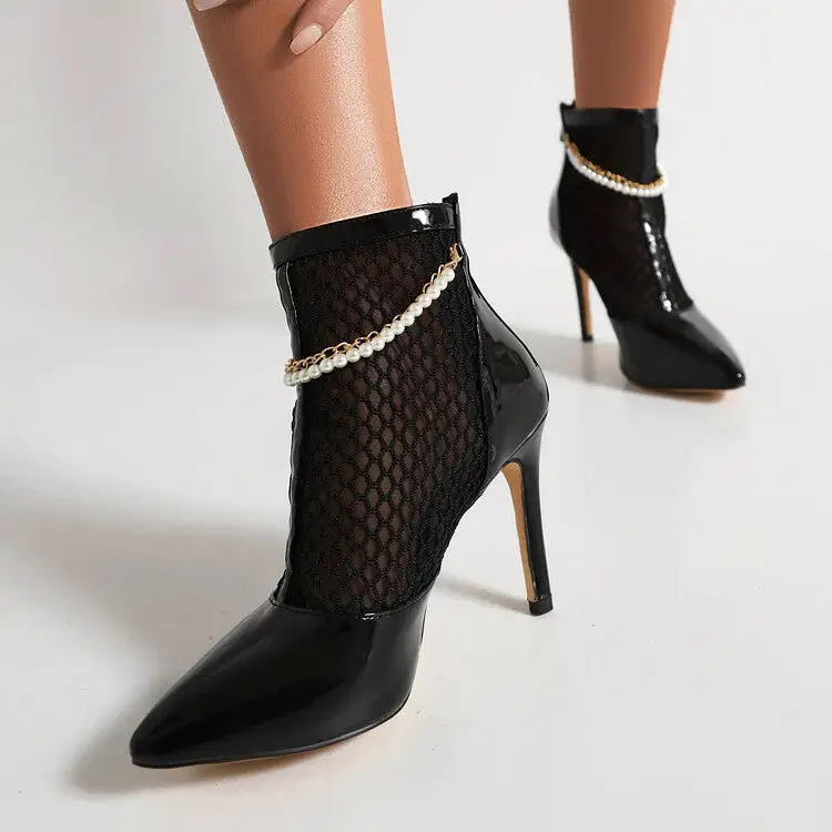 Women's Glossy Pointed Toe Mesh Pearls Chains Stiletto Heel Ankle Boots