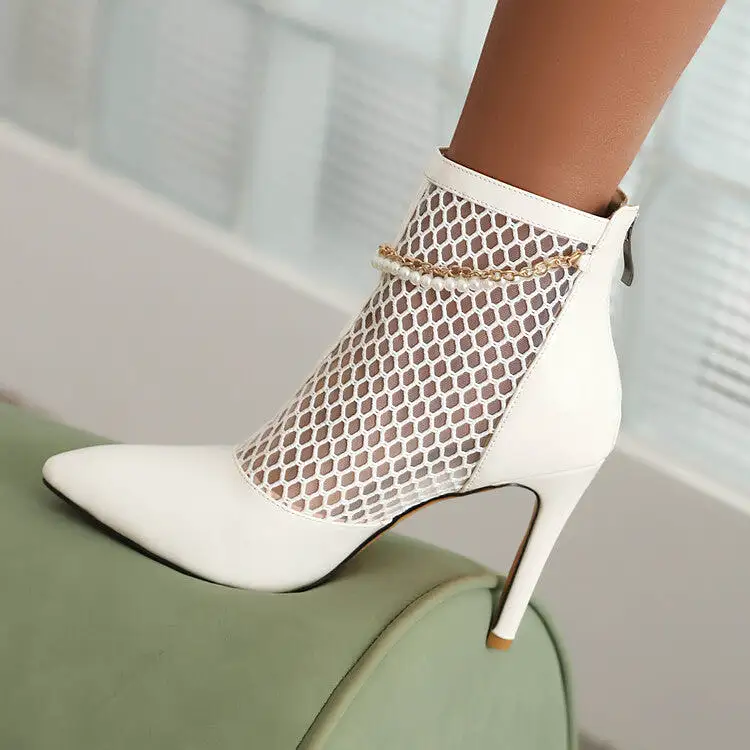 Women's Glossy Pointed Toe Mesh Pearls Chains Stiletto Heel Ankle Boots