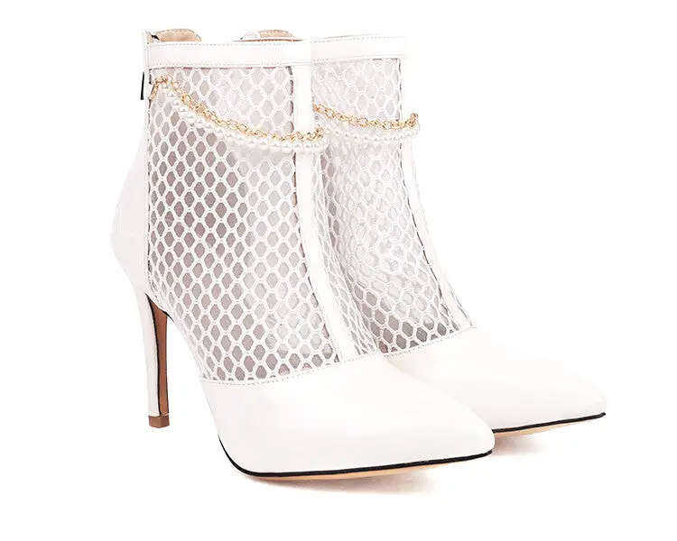 Women's Glossy Pointed Toe Mesh Pearls Chains Stiletto Heel Ankle Boots