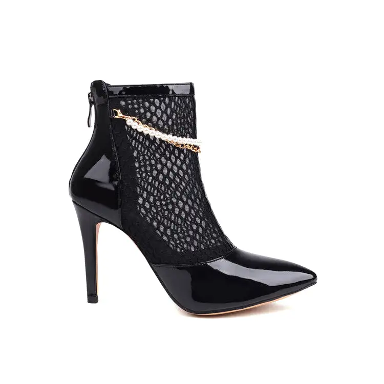 Women's Glossy Pointed Toe Mesh Pearls Chains Stiletto Heel Ankle Boots