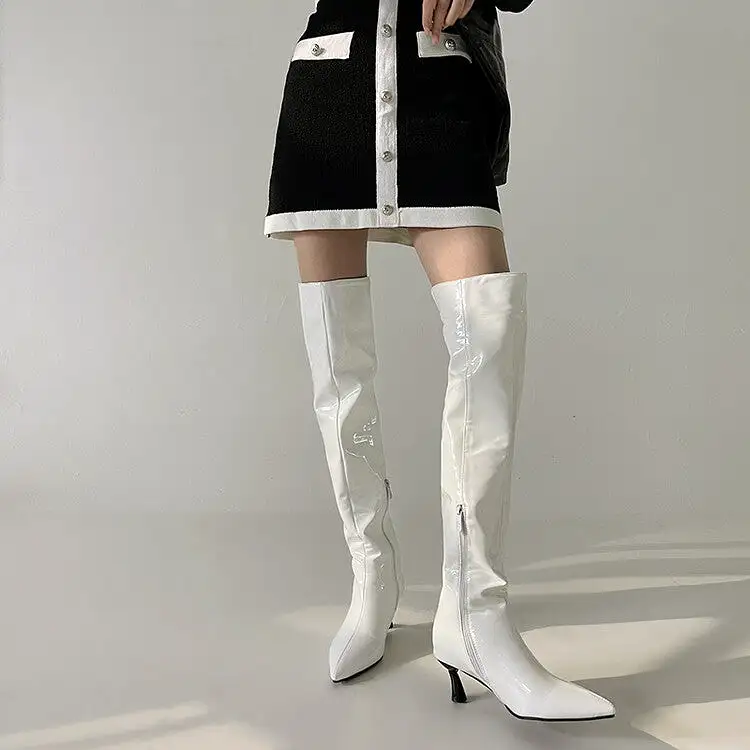 Women's Glossy Pointed Toe Side Zippers Stiletto Heel Over-the-Knee Boots