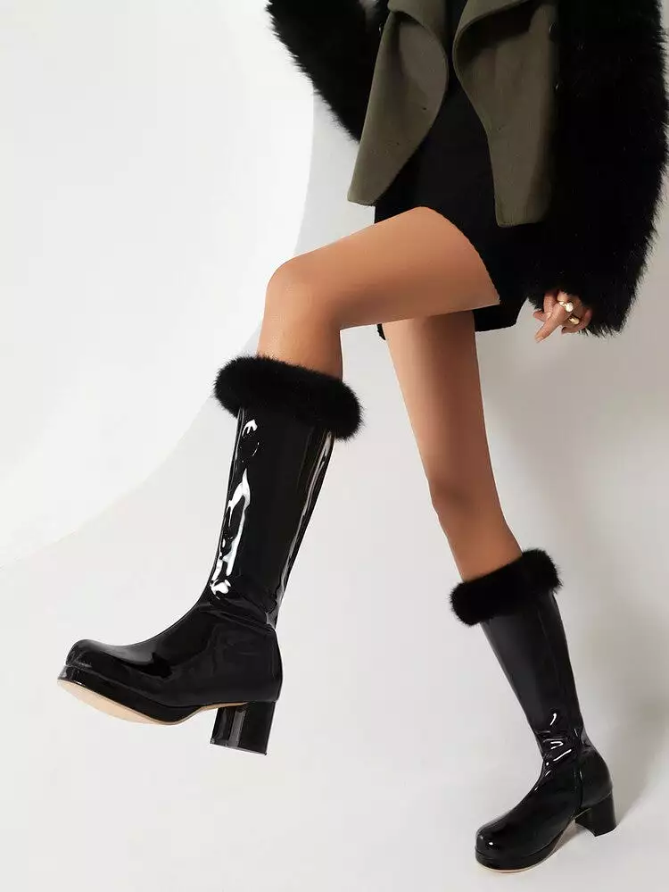 Women's Glossy Side Zippers Block Chunky Heel Platform Mid-Calf Boots