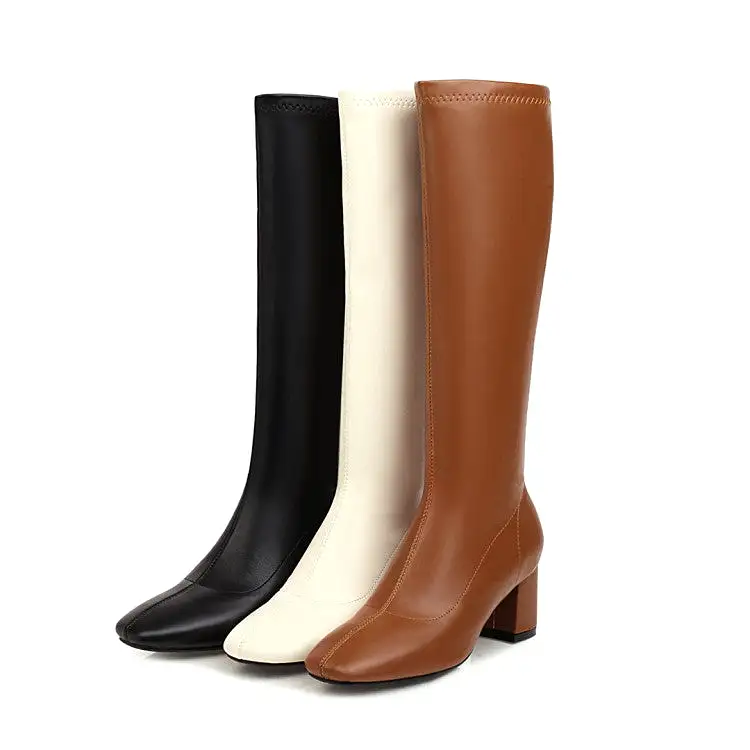 Women's Glossy Side Zippers Chunky Heel Knee-High Boots