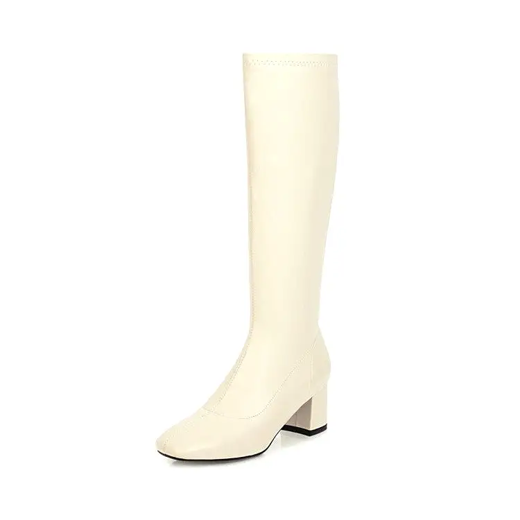 Women's Glossy Side Zippers Chunky Heel Knee-High Boots