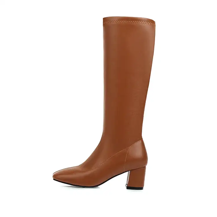 Women's Glossy Side Zippers Chunky Heel Knee-High Boots