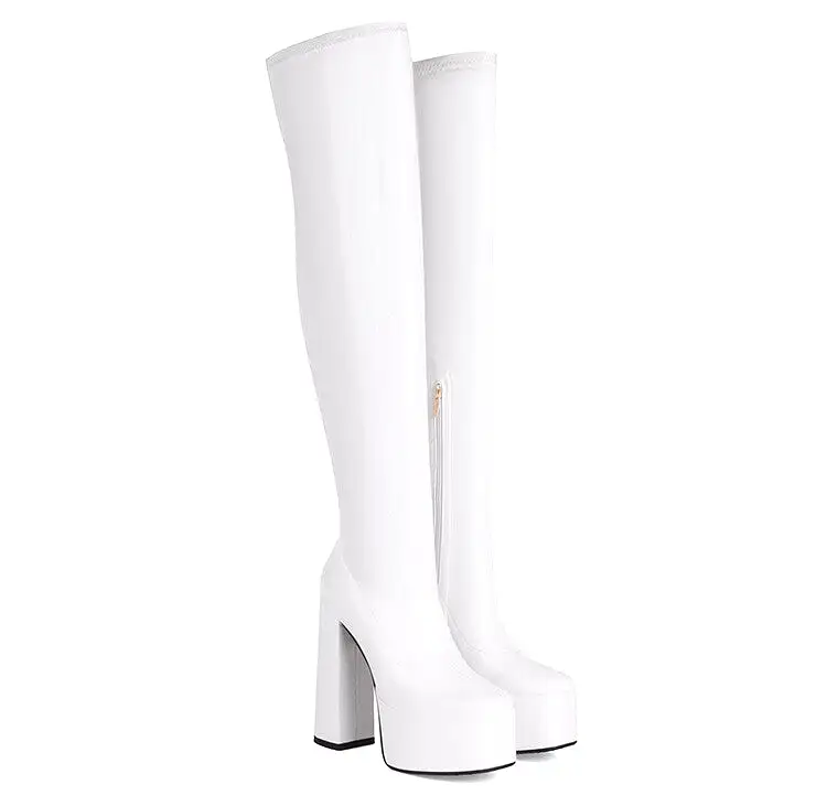 Women's Glossy Side Zippers Square Toe Chunky Heel Platform Over-The-Knee Boots