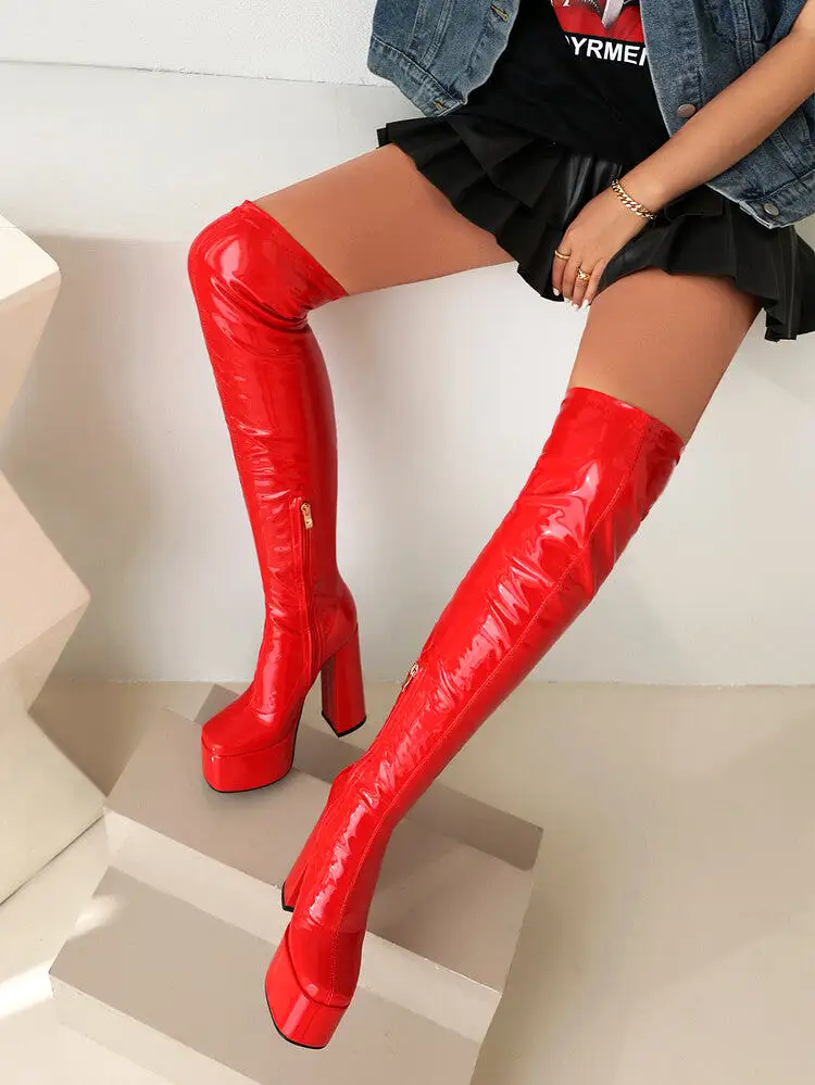 Women's Glossy Side Zippers Square Toe Chunky Heel Platform Over-The-Knee Boots