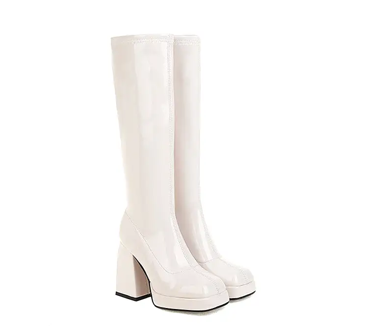 Women's Glossy Square Toe Chunky Heel Platform Knee-High Boots