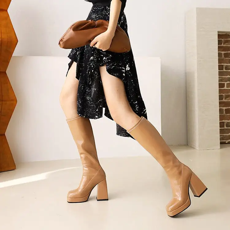 Women's Glossy Square Toe Chunky Heel Platform Knee-High Boots