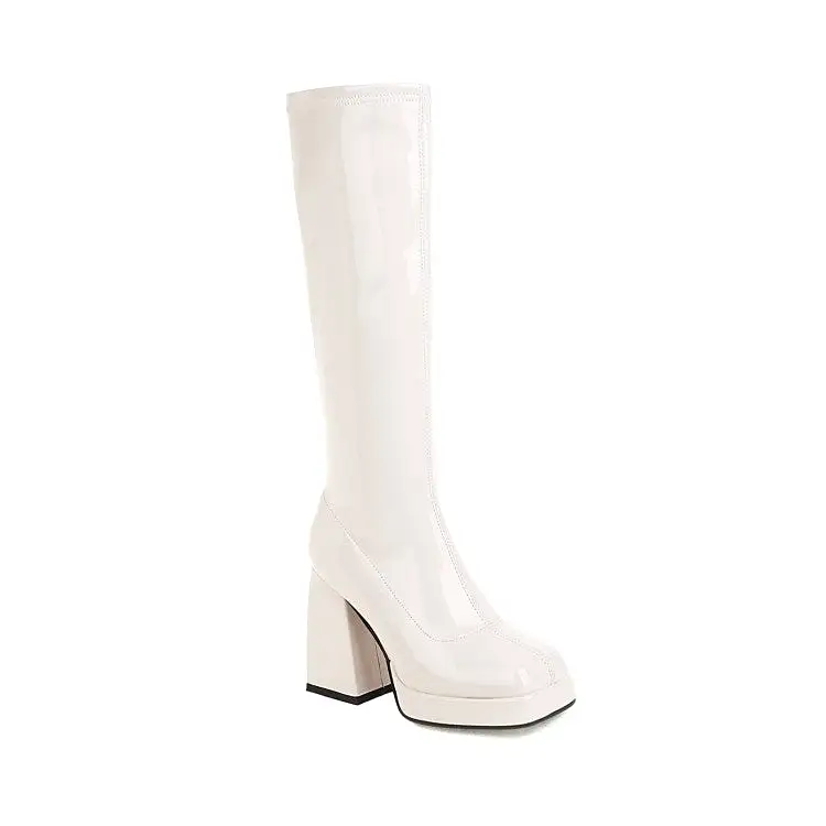 Women's Glossy Square Toe Chunky Heel Platform Knee-High Boots