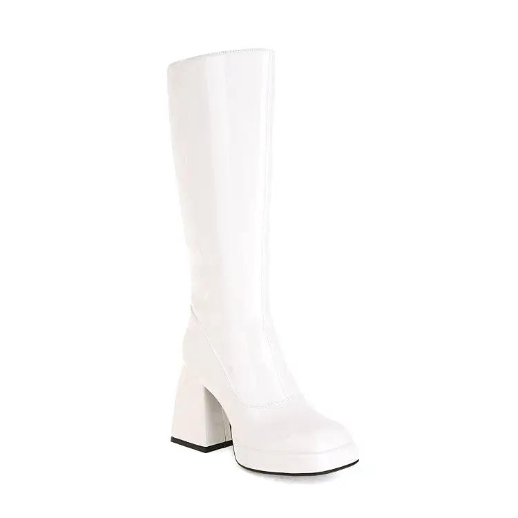 Women's Glossy Square Toe Side Zippers Block Chunky Heel Platform Knee High Boots