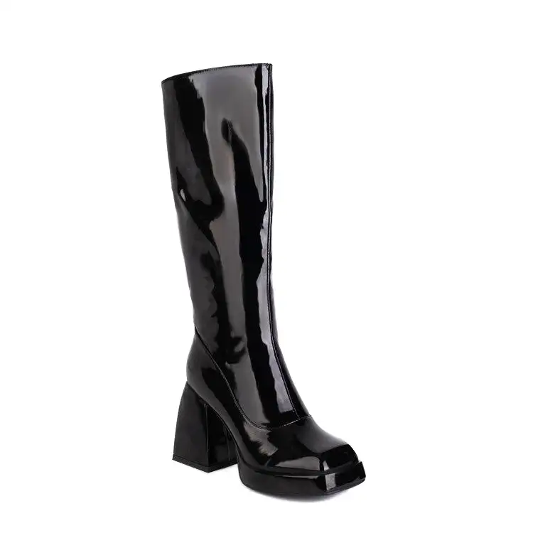 Women's Glossy Square Toe Side Zippers Block Chunky Heel Platform Knee High Boots