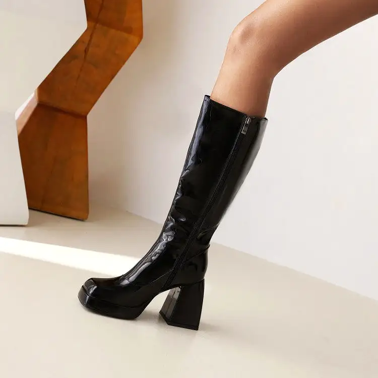 Women's Glossy Square Toe Side Zippers Block Chunky Heel Platform Knee High Boots