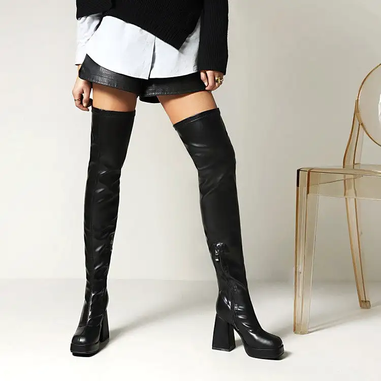 Women's Glossy Square Toe Side Zippers Block Chunky Heel Platform Over the Knee Boots