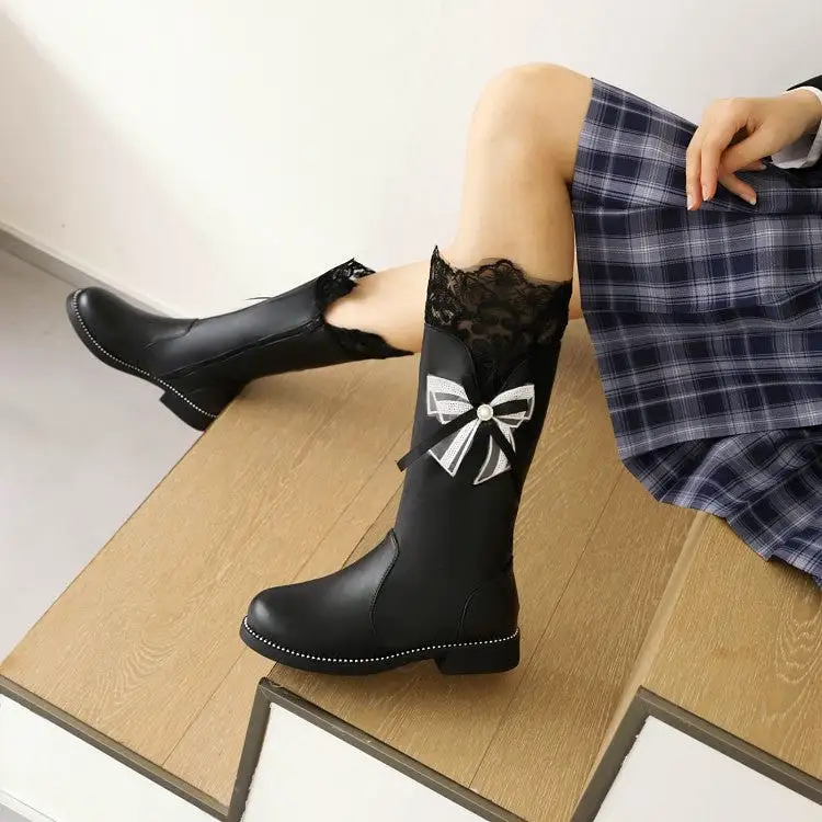 Women's Lace Bow Tie Low Heels Knee-High Boots