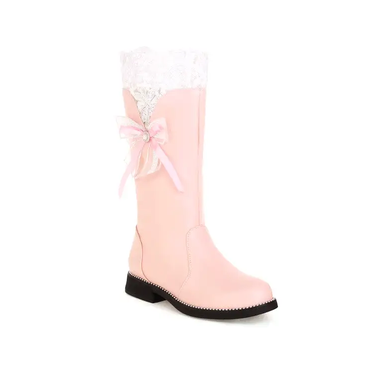 Women's Lace Bow Tie Low Heels Knee-High Boots