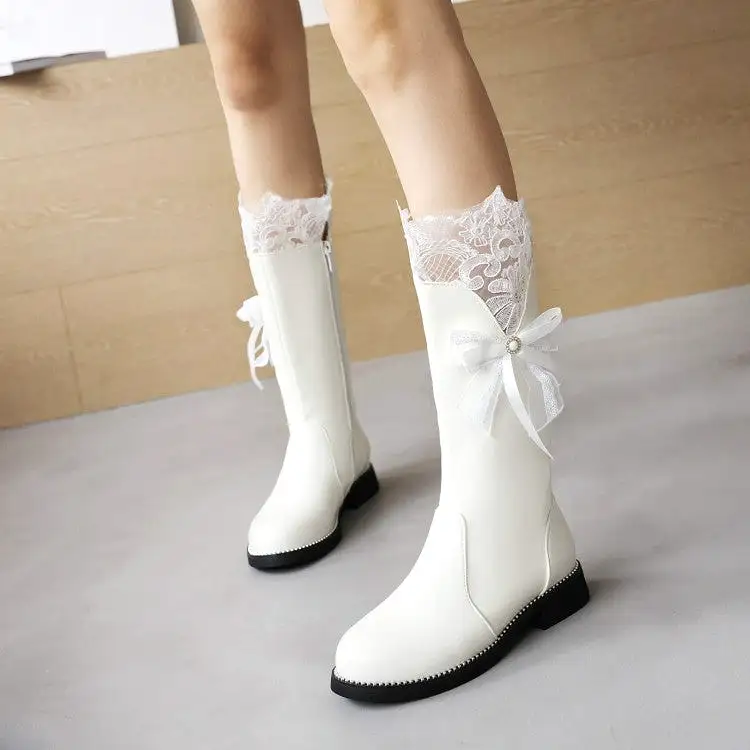 Women's Lace Bow Tie Low Heels Knee-High Boots