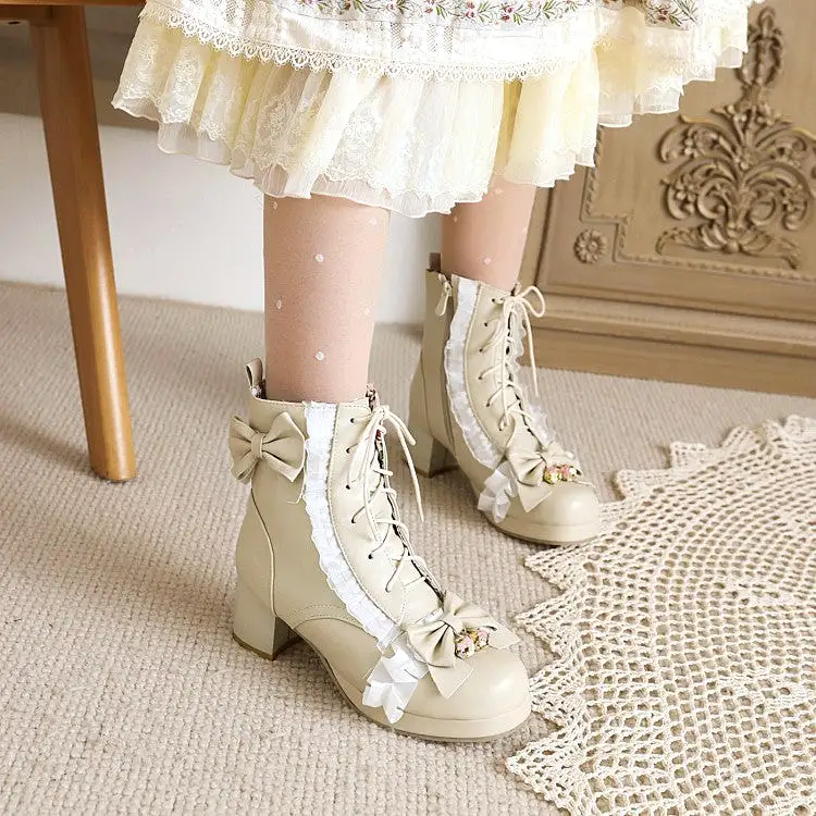 Women's Lace Bow Tie Pearls Block Chunky Heel Ankle Boots