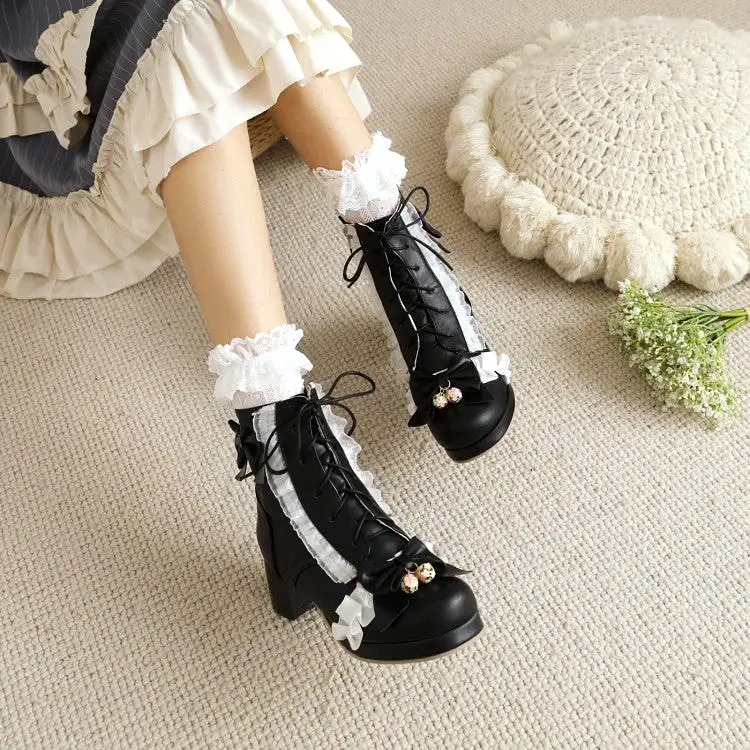 Women's Lace Bow Tie Pearls Block Chunky Heel Ankle Boots